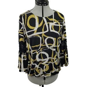 Alfani Womens Tunic Blouse Sz Large Embroidered Flared Sleeve Polyester Top EUC